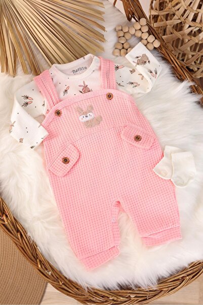 Pembe Tavşan Detaylı Süs Cep Düğmeli Kız Bebek Tulum (3-9 Ay)