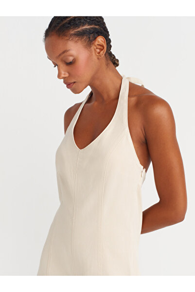 Dilvin 72029 Halter Neck Short Denim Jumpsuit-Stone