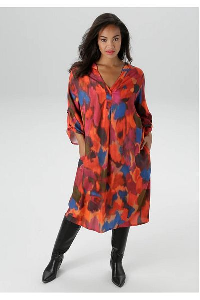 Şans Rochie de damă de mărime mare, colorată, cu decolteu în V, cu mâneci treisprezece răsucite, din viscoză 65N39034
