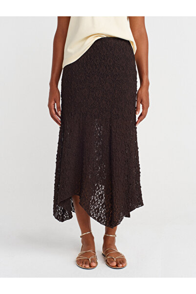 Dilvin 80428 Lace Midi Skirt-Dark Brown