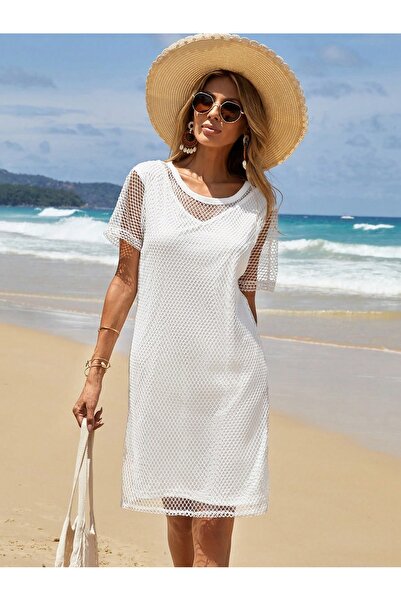 MOVİMENT Rochie de vară albă, cu căptușeală peste genunchi și detaliu din plasă în partea de sus, cu utilizare multiplă