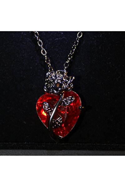 Mournbelle Gül Detaylı Kırmızı Taşlı Kalpli Gotik Kolye