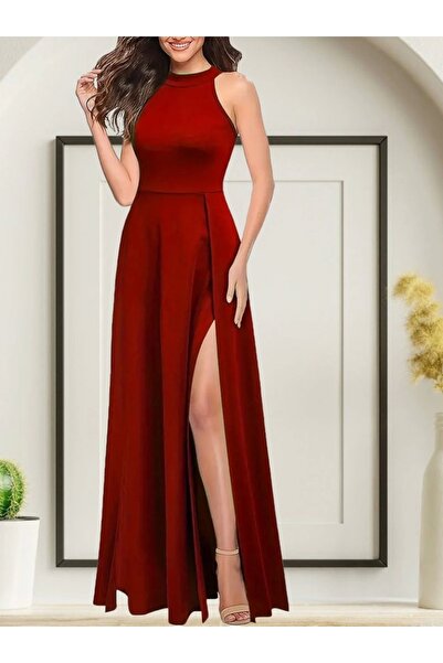 Genel Markalar Kadınhalter Yaka Derin Yırtmaç Detaylı Tam Boy Ithal Krep Abiye Elbise