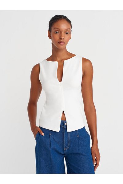 Dilvin 31764 Zipper Detailed Top-Ecru