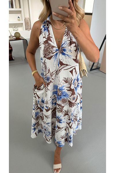 Sezgi Tekin Back Detail V-Neck Brown Patterned Linen Dress