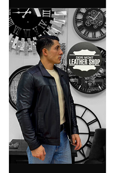 derimont Khaki Leather Coat with Straight Simple Collar