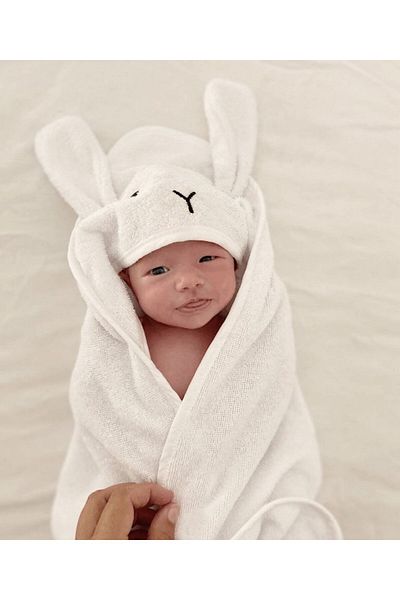 Cigit Eared Rabbit Embroidered Baby Bath Towel 75X75 cm Ecru