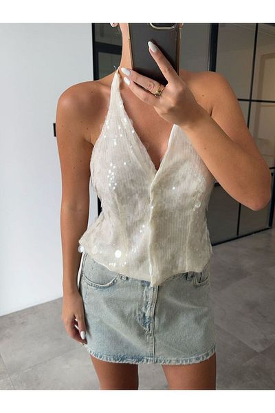 BB Bensu Buyruk White Paillettes Back Open Vest