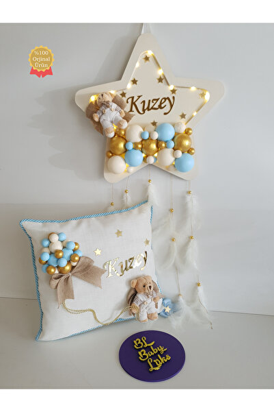 BL Baby Lüks Bubble LEDLİ Yıldız Bebek Kapı Süsü Ve Takı Yastık Krem Zemin Mavi Top