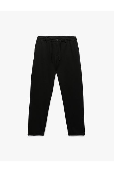 Koton Buttoned Pique Fabric Double Leg Slim Fit Trousers with Lace-Up Waist and Pocket Detail