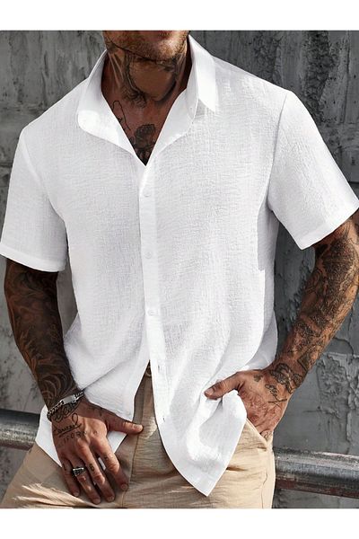 Butik Trend We 100% Cotton Linen Regular Fit Men's Short Sleeve Shirt