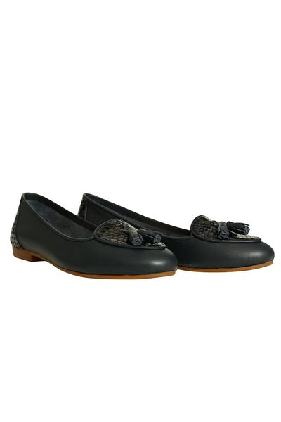Platin Navy Blue Leather Tasseled Women's Ballerinas