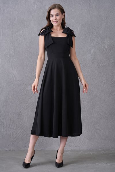 vuvutasarım Black Crepe Fabric Square Neck Bow Strap Design Midi Flared Dress 77127