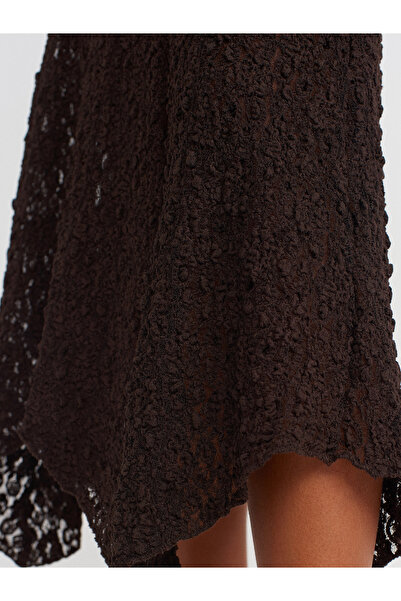 Dilvin 80428 Lace Midi Skirt-Dark Brown