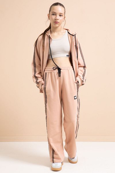 Cansın Mini Beige Lace Striped Cardigan Girl's 2-Piece Tracksuit Set 21247