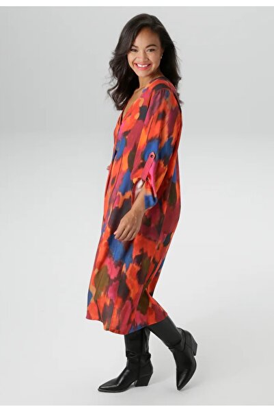 Şans Γυναικείο Φόρεμα Βισκόζης σε Μεγάλο Μέγεθος, Χρώμα, Λαιμόκοψη V, Μανίκια Truvakuar με κάμψη 65N39034