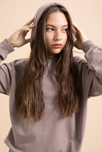 Cansın Mini Σετ κοριτσίστικη φόρμα με κουκούλα καφέ με μοτίβο καρδιάς 21255