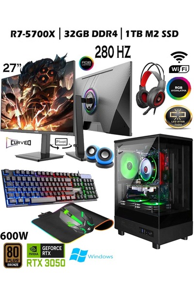 Apphirex TC99 Ryzen 7 5700X 32GB 1TB M.2 Nvme SSD RTX3050 GDDR6 27'' 280HZ Curved Masaüstü Oyuncu Bilgisayarı
