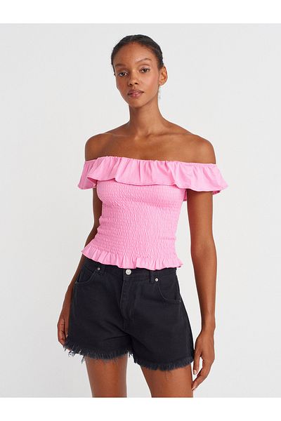 Dilvin 31902 Off-The-Shoulder Ruffle Top-Pink