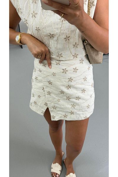 Sezgi Tekin Mink Embroidery Detail Natural Linen Shorts Skirt