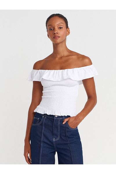 Dilvin 31902 Off-The-Shoulder Ruffle Top-White