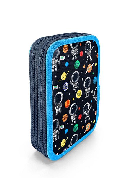 Coral High Navy Blue Astronaut Patterned Double Layer Pen Bag Pen Holder for Boys