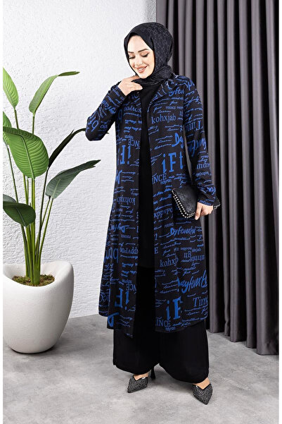 sefamerve Written 3 Piece Hijab Set 4012-01 Black Indigo
