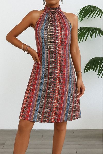 Kokosh moda Women's Sleeveless Halter Neck Strap Patterned Midi Single Jersey Dress