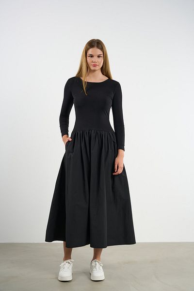 HANIQA Rochie de damă din bumbac pieptănat cu mâneci lungi cu buzunare Princess Cut - 36-50 |   25216