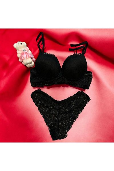 Tendora Black Strap Fixed Lace Drawstring Padded Bra Set