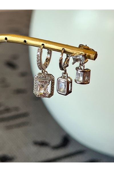 XUPING JEWELRY Üçlü set zirkon taşlı çelik sallantılı küpe