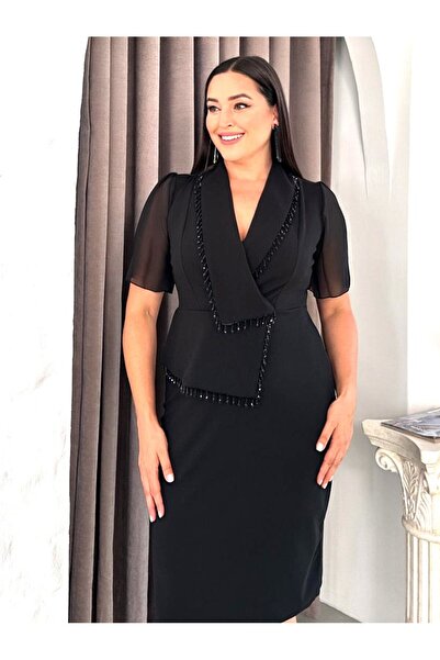 Şirin Butik Γυναικείο μαύρο μεγάλο μέγεθος παλτό με πέτρινο λεπτομερές κοντομάνικο βραδινό φόρεμα