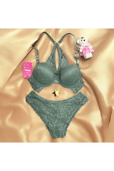 Tendora Green Lace Supported Butterfly Underwear Bra Set with Front Clasp