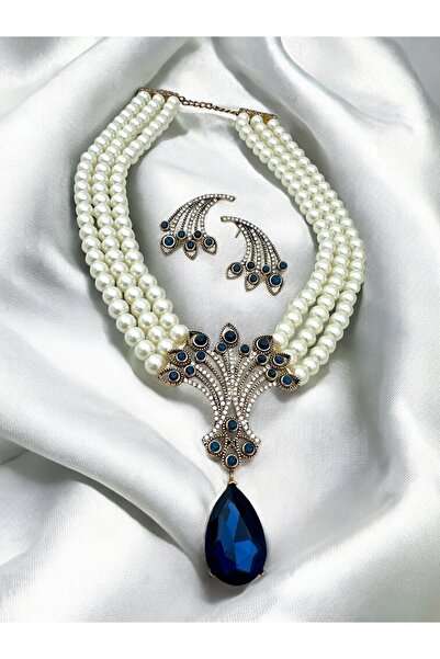 FUYA JEWELLERY Elmas Montür Kristal Taşlı İnci Kolye, Küpe Set