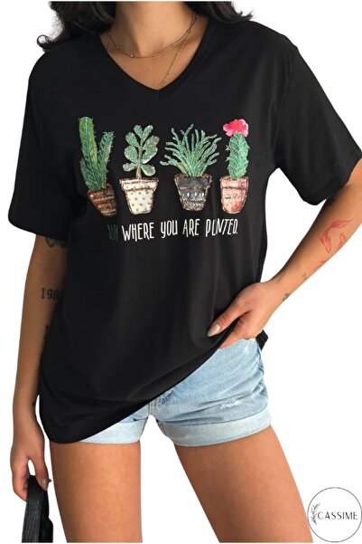 Cassime Women's Black 100% Cotton Cactus Sequin Embroidered Large Size T-Shirt