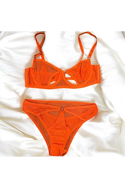 Tendora Orange Color Brode Tulle Ring Model Panty Bra Set - Underwear Set