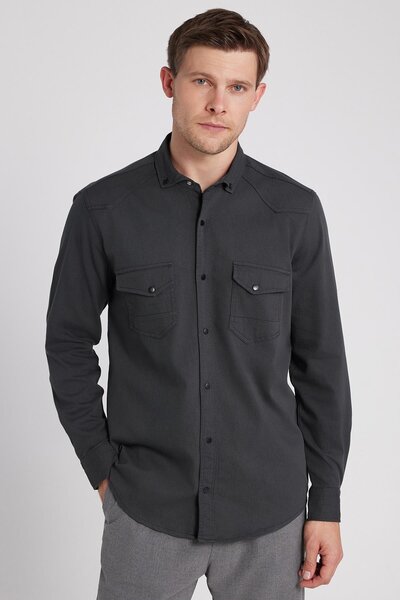 Tudors Erkek Regular Fit Rahat Kesim Çift Cepli Spor Yaka Denim Haki Gömlek