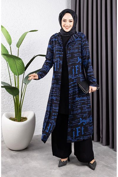 sefamerve Set Hijab scris 3 piese 4012-01 Indigo negru