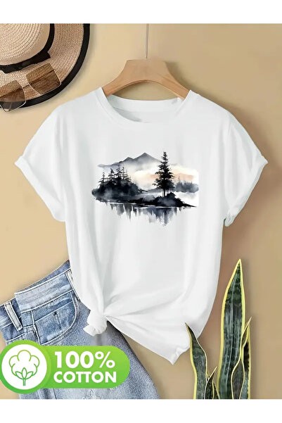 İSMTEXS تي شيرت من القطن الممشط مطبوع عليه منظر جبلي بأكمام قصيرة للجنسين من ...