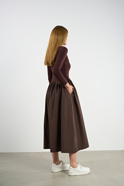 HANIQA Γυναικείο χτενισμένο βαμβακερό μακρυμάνικο φόρεμα με τσέπες Princess Cut - 36-50 |   25216