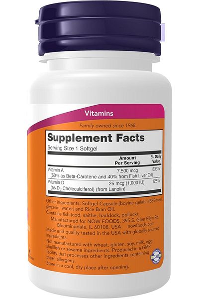 Now Foods Vitamin a Ultra a & D3 25,000/1,000 Iu Eye Health Essential Nutrition 100 Softgels