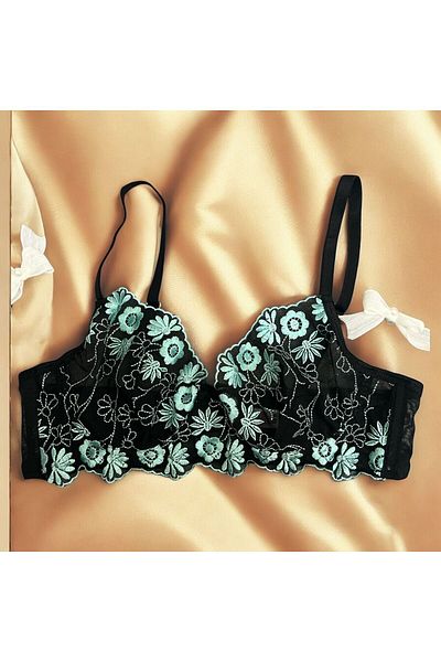 Tendora Green Daisy Flower Embroidered Bralet Bra Set