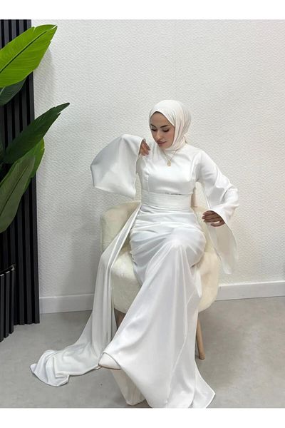 modasusev Spanish Sleeve Train Satin Hijab Evening Dress