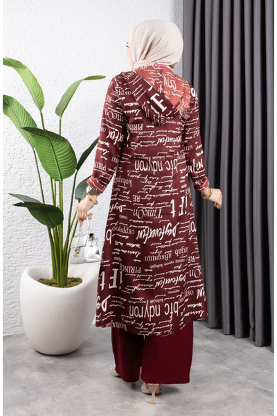sefamerve Written 3 Piece Hijab Set 4012-08 Cherry