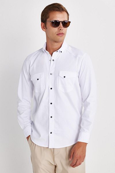 Tudors Men's Regular Fit Relaxed Fit Double Pocket Sports Collar Denim Off White Shirt