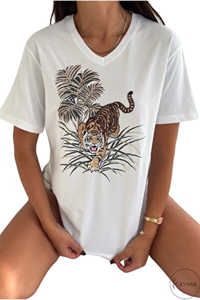 Cassime Women's White V-Neck Leopard Sequin Sequin Embroidered 100% Cotton Plus Size T-Shirt