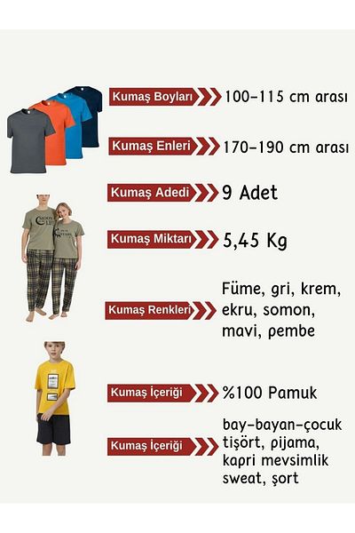 Yiğit Kumaş Tok Single Jersey Fabric Combed Cotton Set, 9 Pieces between Sizes 100-115 cm