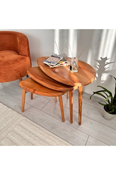 WOOD İN WONDERLAND Masif Kayın Oval Zigon Sehpa – 3’lü El Yapımı Set – Kalın ...