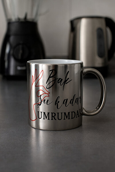 çokaş Pack of 3 Lettering Print Large Size Silver Tea Mug Cups