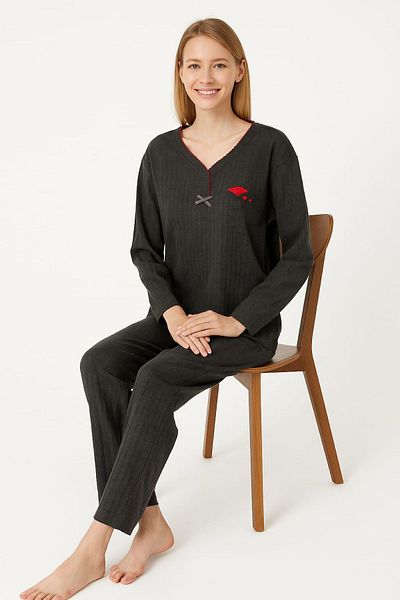 enmodaiçgiyim Anthracite 100% Cotton Embroidered Long Sleeve Women's Pajama Set – Comfortable and Stylish Home Wear with Soft Texture